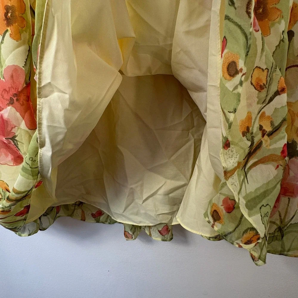 Coldwater Creek Yellow Floral Chiffon Pleated Midi Skirt XL Watercolor Print - Picture 7 of 8